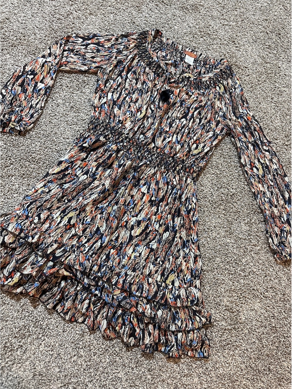 Scully Western Dress Women M Feather Print Smocked Tiered Ruffle Boho Chiffon